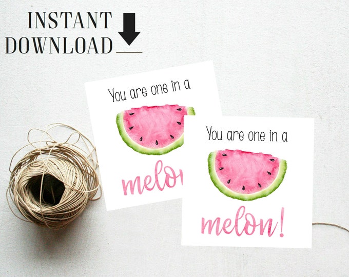 Watermelon Favor Tags Gift Tags One in a melon Instant Download Printable Party favor Square favor tags Girls First Birthday Summer