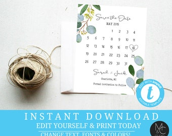 Save the Date Eucalyptus Wreath Simple Wedding Calendar Boho Greenery watercolor DIY Editable, Templett, Instant Download Save the Date#T3