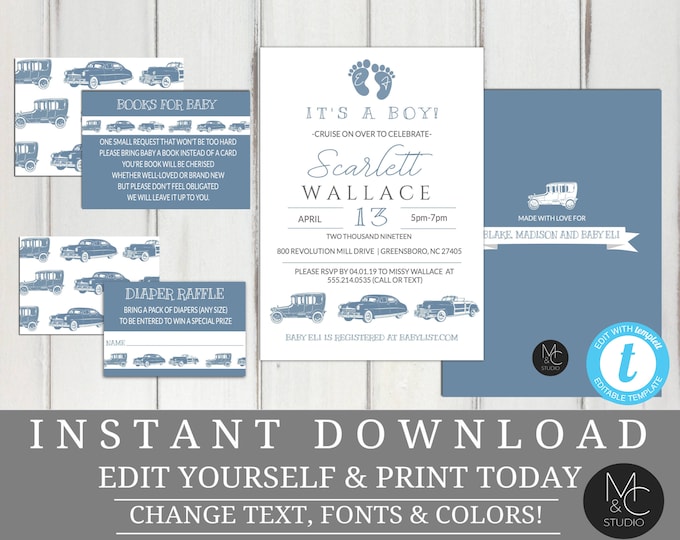 Vintage Car Baby Shower Invitation, Blue White, Hot Rod Classic Cruise  Editable, Template, Instant Download Diaper Raffle Book Request