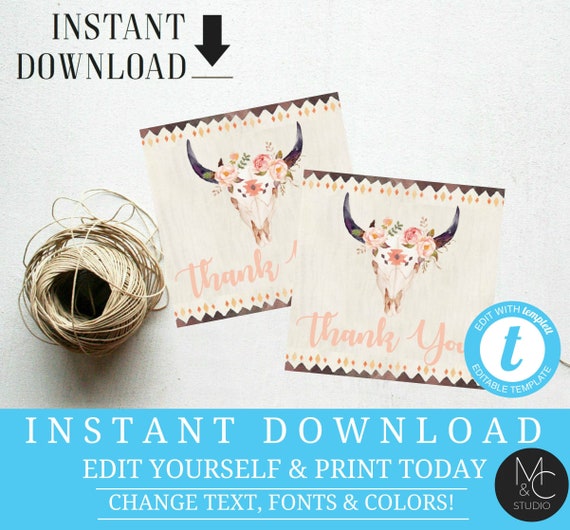 Favor Tag, square thank you Boho Chic Skull Floral Girls Birthday Bridal Shower Pink Printable Templett, Instant Download #2089 Il_570xn