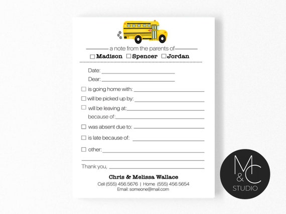 School Notepad, Excuse Pad for School, Notes for School, Parent Notes for School, Back to School, School Notes, Personalized Excuse Pad, bus Il_570xn