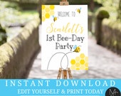 Welcome Sign Honey Bee Bumble Bee Party Bee Day Brithday First Birthday Sign any wording party decor Printable Editable Birthday Templett, Il_170x135