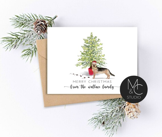 German Shepard, personalized Pet Christmas Greeting Card, Watercolor, Folded Note Card, Dog Lover, Holiday Greeting Card, Family Name Card Il_570xn