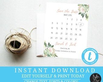 Save the Date Succulents Pink Green Simple Wedding Boho Greenery watercolor DIY Editable, Templett, Instant Download Save the Date#T4