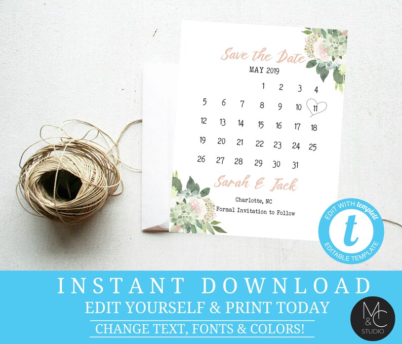 Instant Download Save the Date#T4 Save the Date Succulents Pink Green Simple Wedding Boho Greenery watercolor DIY Editable Templett