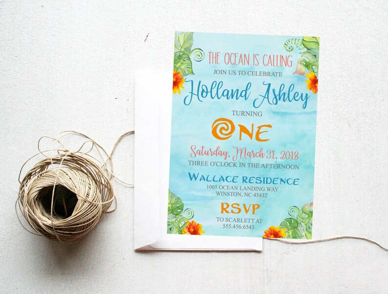 Moana Style Birthday Invitation Ocean is calling tropical beach summer water party first birthday printable or printed 2069