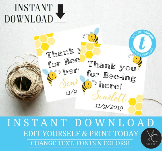 Favor Tag, Honey Bee, Bumble Bee Birthday Party Editable Gift Tag, Printable Templett, Instant Download, First Bee day Il_570xn