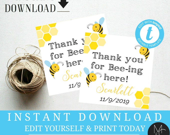 Favor Tag, Honey Bee,  Bumble Bee Birthday Party  Editable Gift Tag, Printable Templett, Instant Download, First Bee day