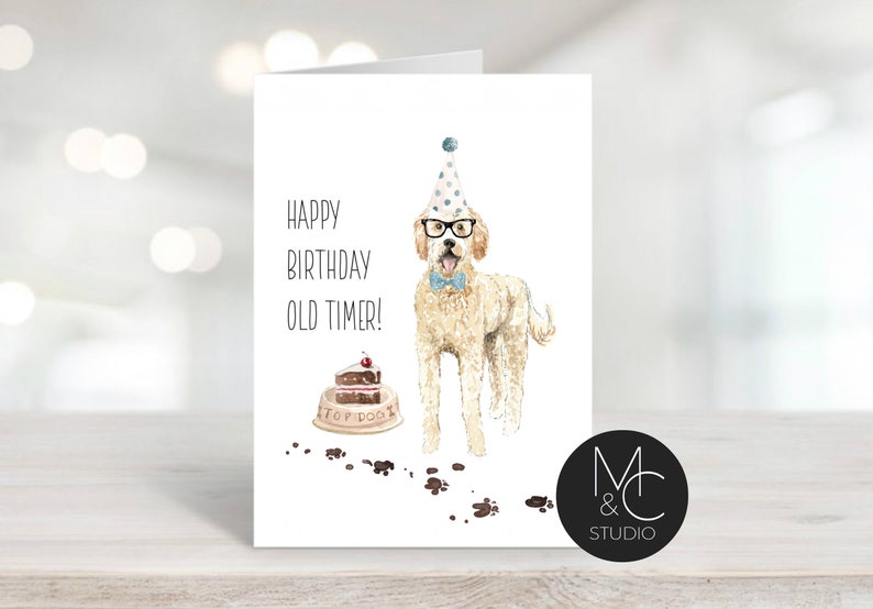 Dog Lover Dad Brother Golden Doodle Dog BIRTHDAY Card with Kraft Envelope Happy Birthday Old Timer Friend Simple Card
