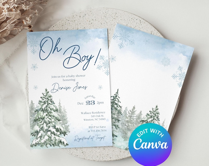 Editable Canva Christmas Winter Baby Shower Invitation – Oh Boy,  Invite Template,