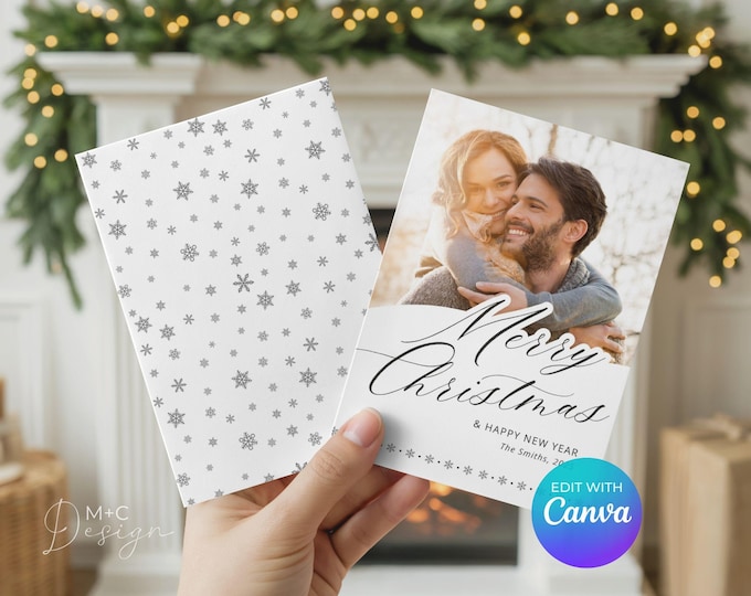 Christmas Card with Photo, Canva Template, Modern Minimal Snowflake, Holiday Edit Yourself