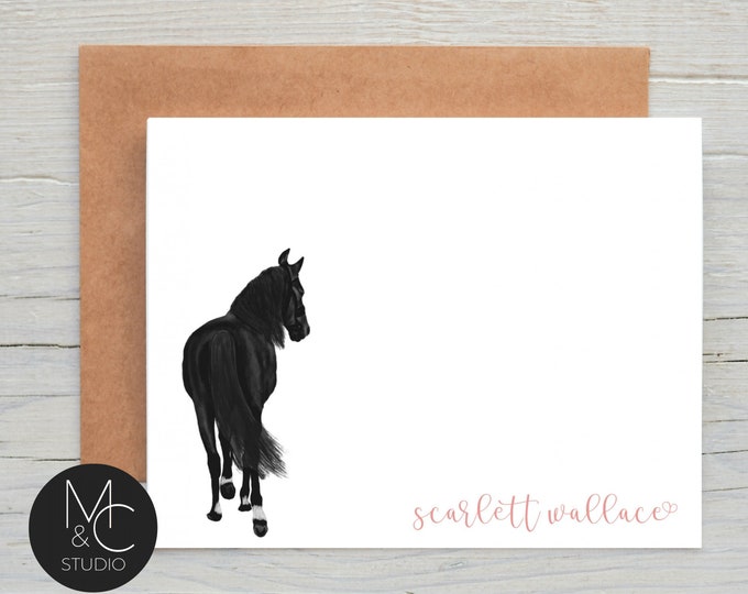 Horse Stationary Set, Personalized, Black Horse Notecards for Girls, Equestrian Gifts, Thank You Cards for Horse Lovers, Stationery, Gift