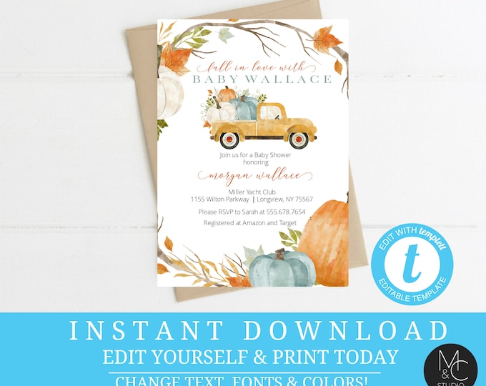 Baby Shower Truck Invite, Pumpkin Baby Shower Invitation, Fall Baby Shower Invitation, Boy Shower, baby shower, invitation, templett #1069
