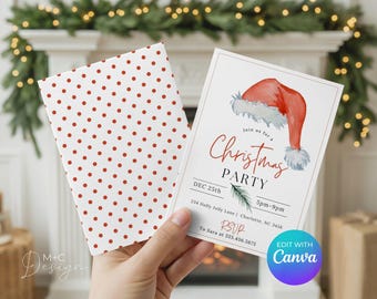 Christmas Card Invitation, Holiday Party, Watercolor Santa Hat, Canva Edit Yourself, Minimal
