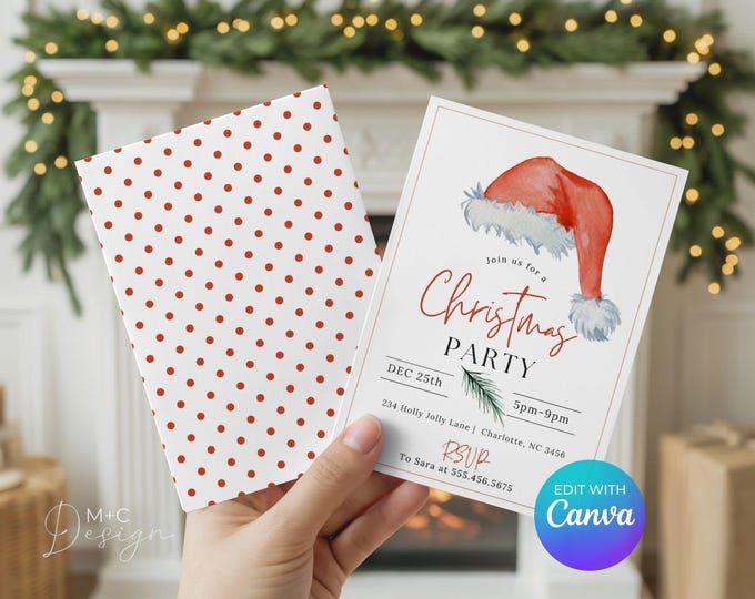 Christmas Card Invitation, Holiday Party, Watercolor Santa Hat, Canva Edit Yourself, Minimal
