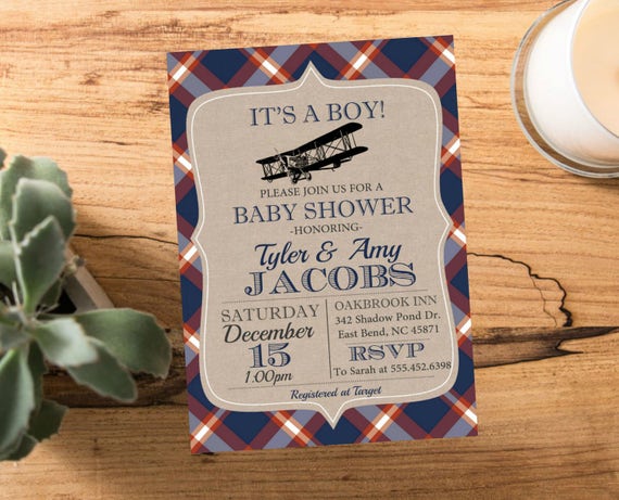 Vintage Airplane Baby Shower Invitation, Red Blue Plaid , Travel Shower Boys Invite Digital or printed Aviation Shower Il_570xn