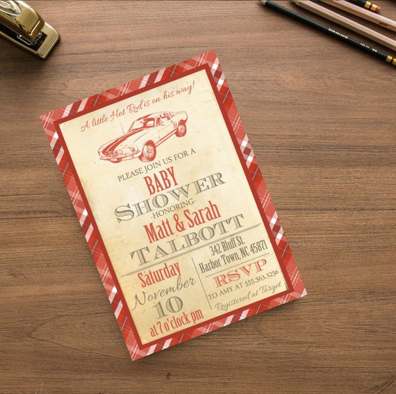 Little Hot Rod Vintage Baby Shower Invite, Invitation with Classic Mustang Car, Red, Gray Baby Shower Invite, Digital File Il_570xn