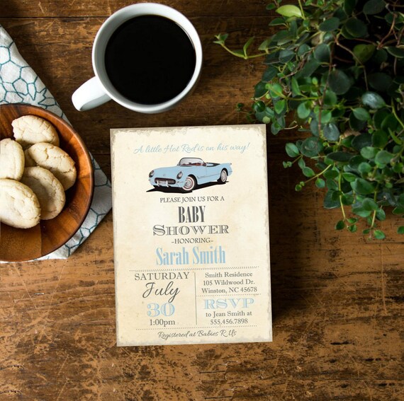 Little Hot Rod Vintage Baby Shower Invite, Invitation with Classic Corvette Car, Baby Blue, Gray Baby Shower Invite, Digital or printed Il_570xn