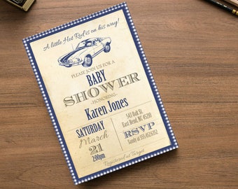 Little Hot Rod Vintage Baby Shower Invite, Invitation with Classic Mustang Car, Navy Blue Gingham, Digital or Printed Listing #1001