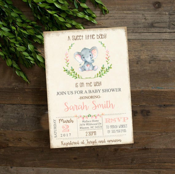 Little elephant Shower invitation, Floral Jungle Spring Baby Shower Vintage Elephant Pink Girl Baby Wreath Old Paper Shower #1022 Il_570xn