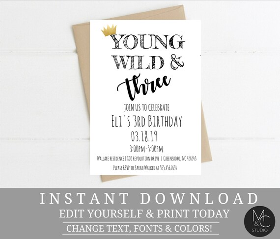 Young Wild and Three Birthday Invitation, Black Gold, 3rd Birthday, Where the Wild Crown, Editable, Templett, Instant Download #2091 Il_570xn