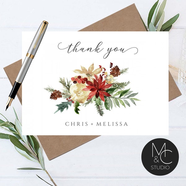 Winter Personalized Wedding Engagement Thank You Note Card, Thank You,  Couples Names, Script font thank you, Christmas Holiday, envelopes
