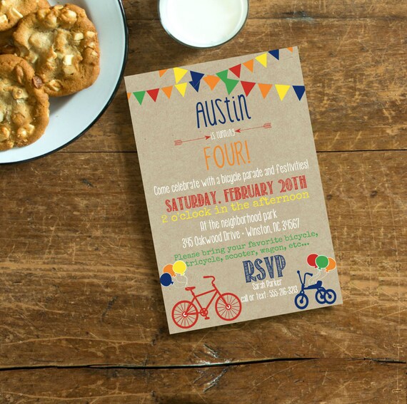 Bicycle Party Invite Primary Colors Tricycle Invite, Bunting Banner Birthday Invitation- DIY printable Invite, Il_570xn