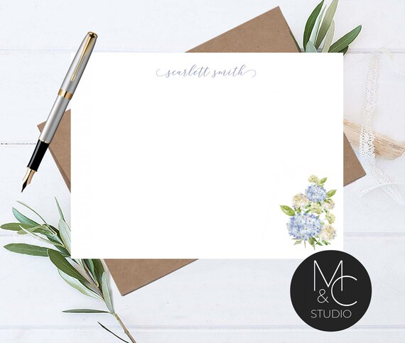 Personalized Note Card Set Envelopes- Blue Hydrangea Flower Stationary Cards Monogram, Script Font, Spring Flower Bridesmaid, Mom, Friend Il_570xn