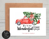 Personalized Christmas Card Stationary, Set of Folded Notecards, Winter Truck Tree, Family, Folded Note Card, Wonderful time vintage #900 Il_170x135