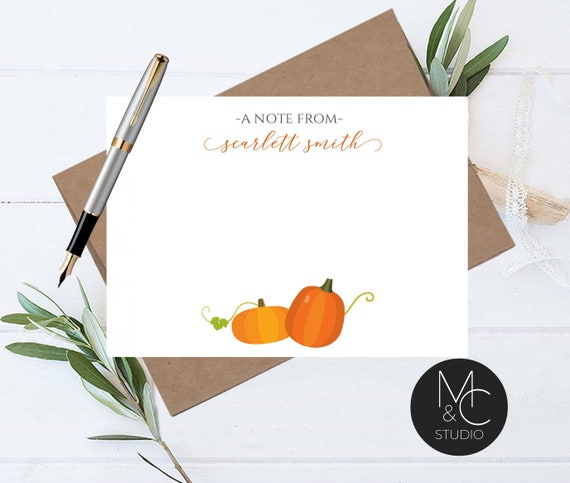 Fall Personalized Note Card Set Envelopes- Stationary Cards Monogram Stationary Script Font, Fall Pumpkin Autumn, Mom, Friend Coworker, Il_570xn