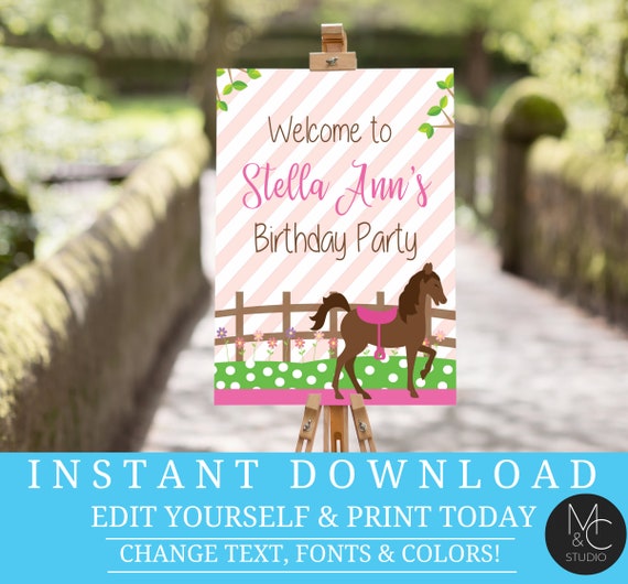 Welcome Sign Girls Pony Party Pink Stripe horse party any wording party decor Printable Editable Birthday Templett, #T2085 Il_570xn