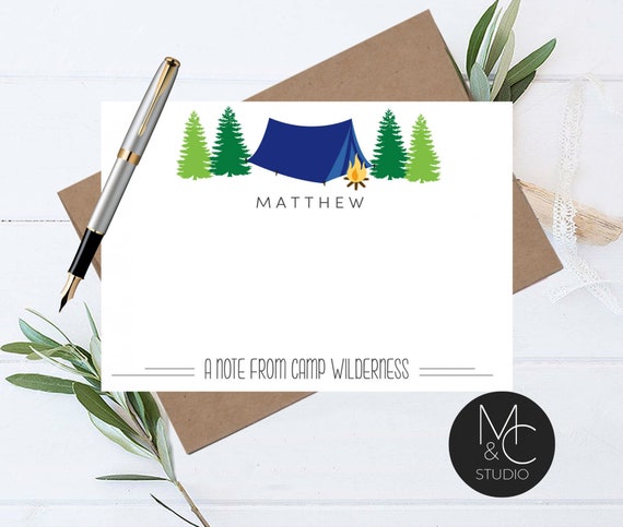 Summer Camp Personalized Note Card, Custom Camp Name Stationery, Boys Summer Camp, Write Home From Camp Notecard, Camp Tent Pine Trees Il_570xn