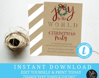 Kraft paper Christmas Party Invitation Invite Joy to the world wreath holiday rustic Editable, Template, Instant Download Holiday#T14