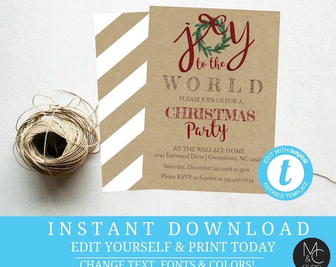 Kraft paper Christmas Party Invitation Invite Joy to the world wreath holiday rustic Editable, Template, Instant Download Holiday#T14