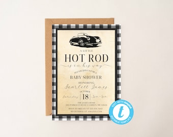 Editable, Little Hot Rod Vintage Baby Shower Invite, Invitation with Classic Car, Gingham Porsche, Digital File Printable