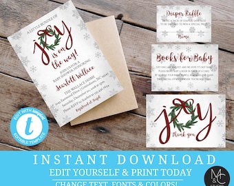 Winter baby shower Bundle of Joy snowflake rustic Christmas Snowflake Wreath Diaper Raffle Ticket Templett, Instant, Book Request  #T15