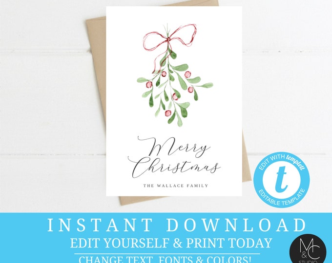 Christmas Card, 5x7, Digital File, Watercolor, Mistletoe, Personalized, Holiday Card, Family Card  Editable, Template, Instant Download