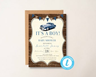 Editable, Little Hot Rod Vintage Baby Shower Invite, Invitation with Classic Car, Blue Hot Rod, Digital File Printable