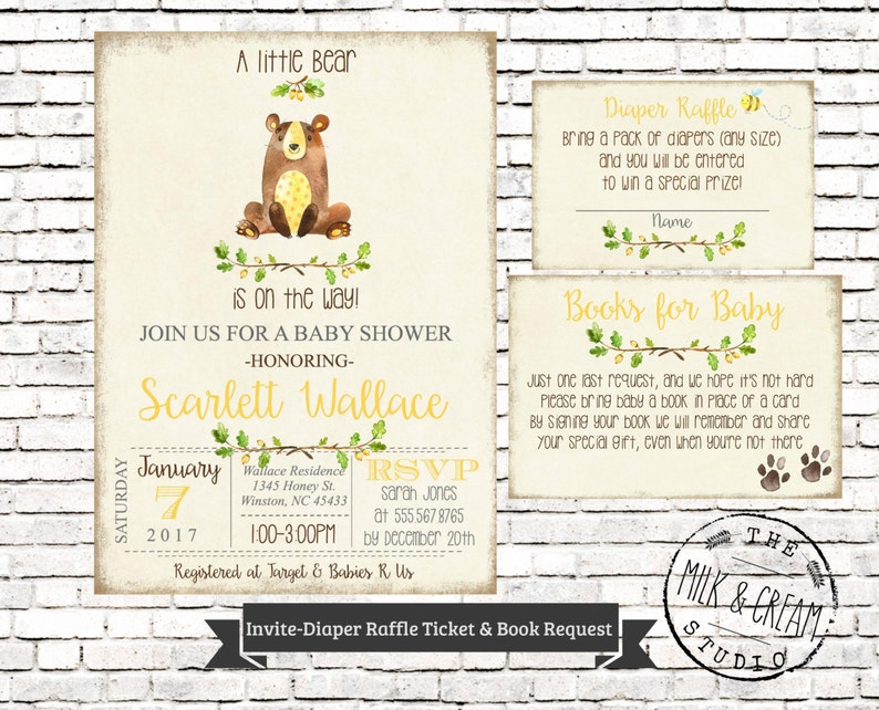 Watercolor Woodland Baby Shower A little bear is on the way Book Request Diaper Raffle Ticket #1015 Little Bear Baby Shower invitation