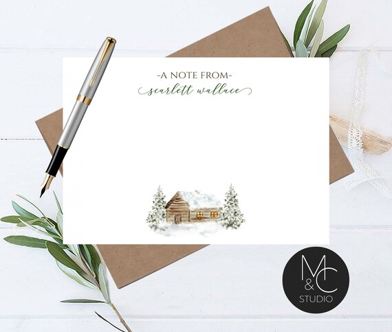 Winter Log Cabin Personalized Note Card Set Envelopes- Stationary Cards Monogram Stationary Script Font, Holiday Winter, Gift Il_570xn