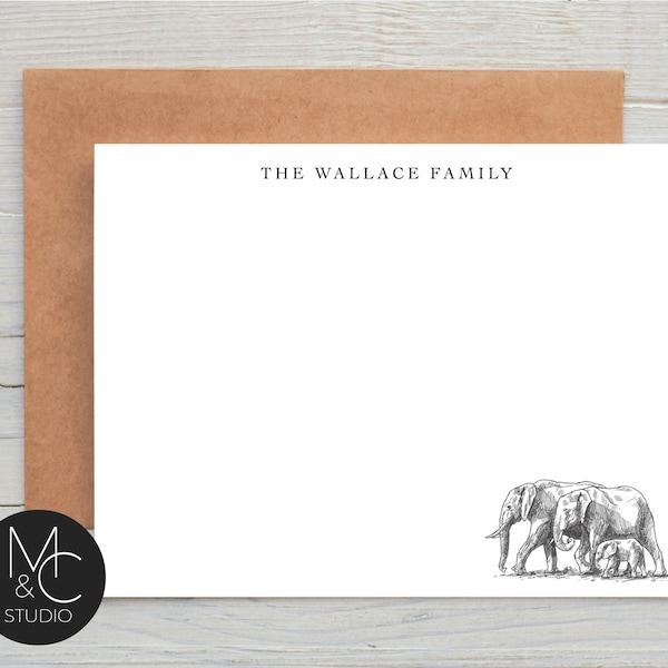 Elephant Personalized Note Cards, Thank You Cards, Family Thank You Notes, Baby Stationery, Gray Sketch Elephant Gift, Note Card #908