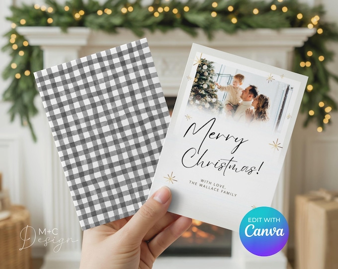 Christmas Card with Photo, Canva Template, Modern Black Gold, Holiday Edit Yourself