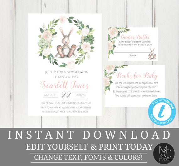 Bunny Baby Shower Invitation Girl Rabbit Baby Shower Invitation Easter Baby Shower Girl Pink Self Editable Instant Download #T22 Il_570xn