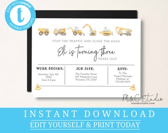 Construction Birthday Party Invitation,First Birthday, Dump Truck,Birthday Invite, Editable, Template, Instant Download,