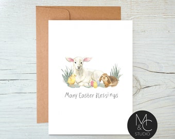 Easter Blessings Watecolor Card, Blank Note Card, Lamb, Bunny Greeting Card, Watercolor Easter Egg Card, Thinking of you, Simple,  #E16