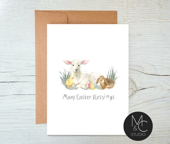 Easter Blessings Watecolor Card, Blank Note Card, Lamb, Bunny Greeting Card, Watercolor Easter Egg Card, Thinking of you, Simple, #E16 Il_570xn