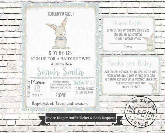 Bunny Baby Shower invitation, Baby Boy Spring Rabbit Vintage Shower, Vintage Blue Book Request Diaper Raffle Ticket #1026 Il_570xn