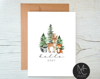 Woodland New Baby Card, Congratulations Card, Deer, owl, Fox Baby Girl or Boy, New Parent Card, New Baby Gift, Welcome to the World #NB3