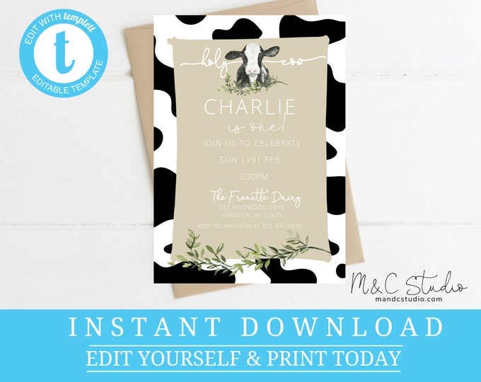Cow Birthday Party Invitation, Holy Cow First Birthday, Cow Farm Dairy Birthday Invite, Editable, Template, Instant Download, Boy Girl