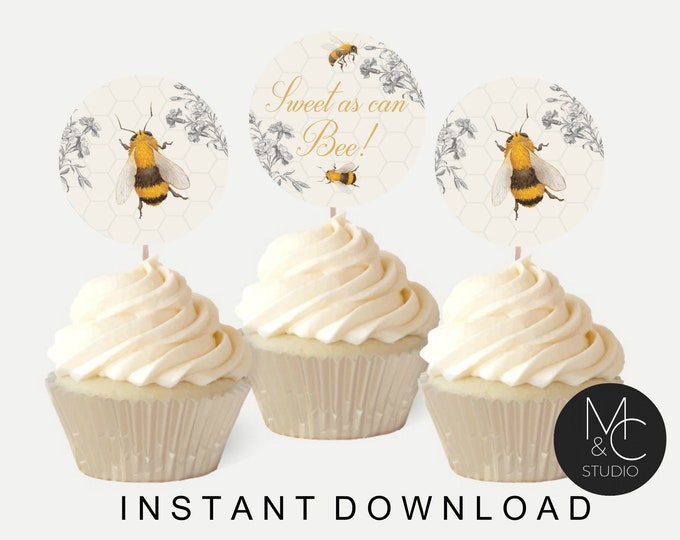 Honey Bee Baby Shower Cupcake Topper, Instant Download, Cupcake Toppers Printable Vintage Honey Bee Shower Sweet as Can  Wildflower